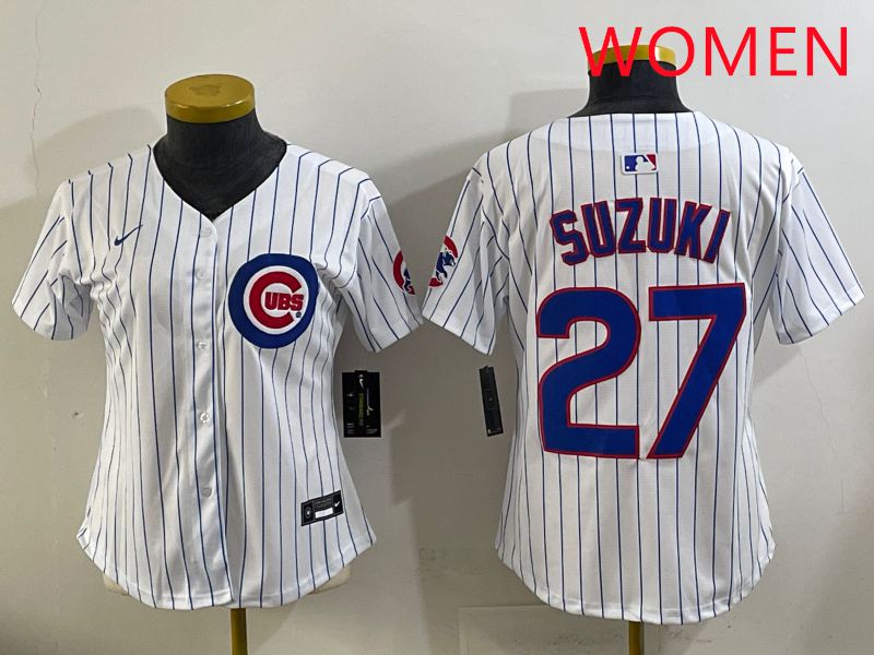 Women 2025 Chicago Cubs #27 Suzuki White Stripe Game Nike MLB Jersey style 1->women mlb jersey->Women Jersey